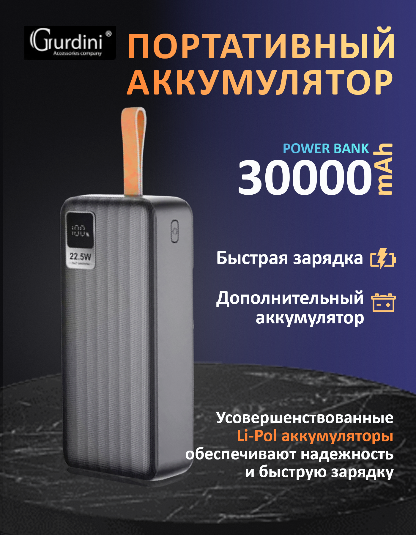 Внешний аккумулятор с быстрой зарядкой, 30000mAh, Пауэрбанк