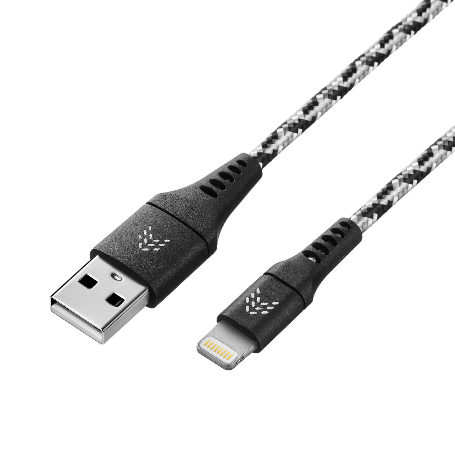 Кабель для iPhone Lightning ROCKET Contact, USB-A | Lightning, тканевая оплетка, 2.4А, 1 м, серебристо-черный — фото 1