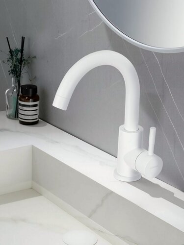 Изображение товара Смеситель для раковины в ванную белый, для кухни, с поворотным изливом, однорычажный, нержавеющая сталь