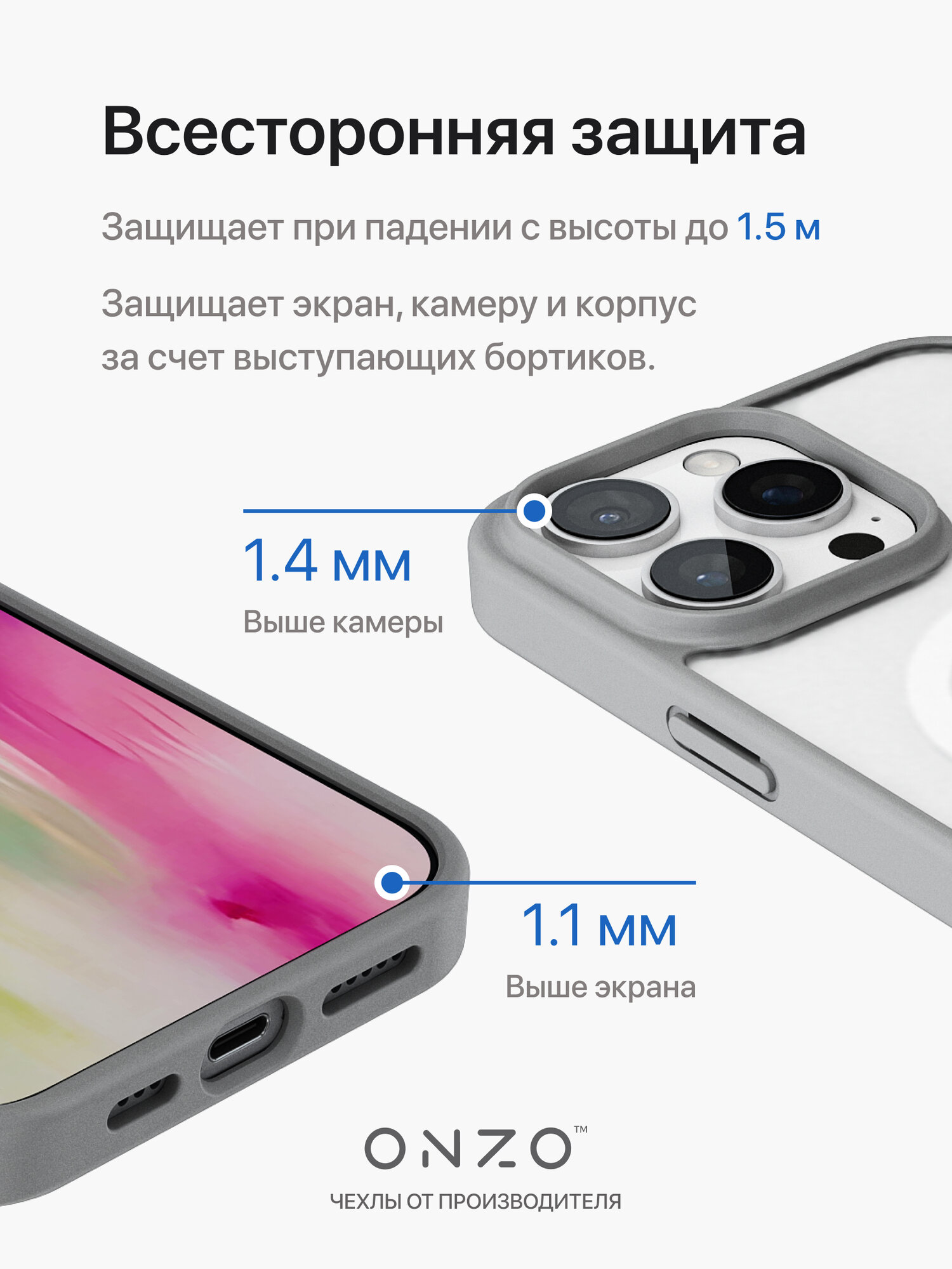 Чехол Magsafe на iPhone 16 Pro Max прозрачный с серыми рамками и белым Magsafe / Айфон 16 Про Макс с усиленными углами — фото 1