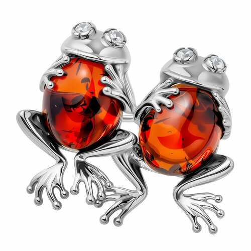 фото Брошь 585gold, серебро, 925 проба, родирование, янтарь, фианит, , серебристый