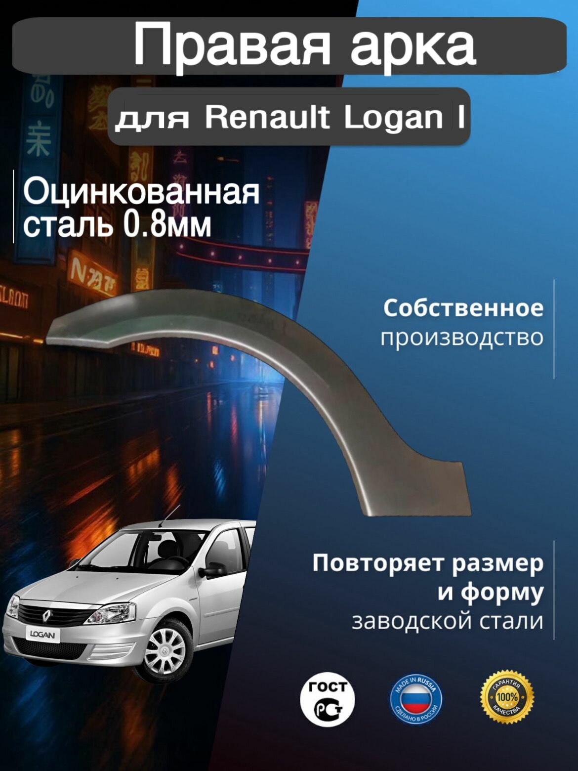Арка ремонтная правая для автомобиля Renault Logan 1 Рено Логан 1 оцинкованная сталь 0.8 мм