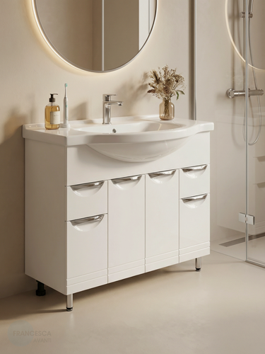 Изображение товара Тумба с раковиной для ванной Доминго 100 белый, с подсветкой (2ящ+4дв, ум. Эльбрус 100)