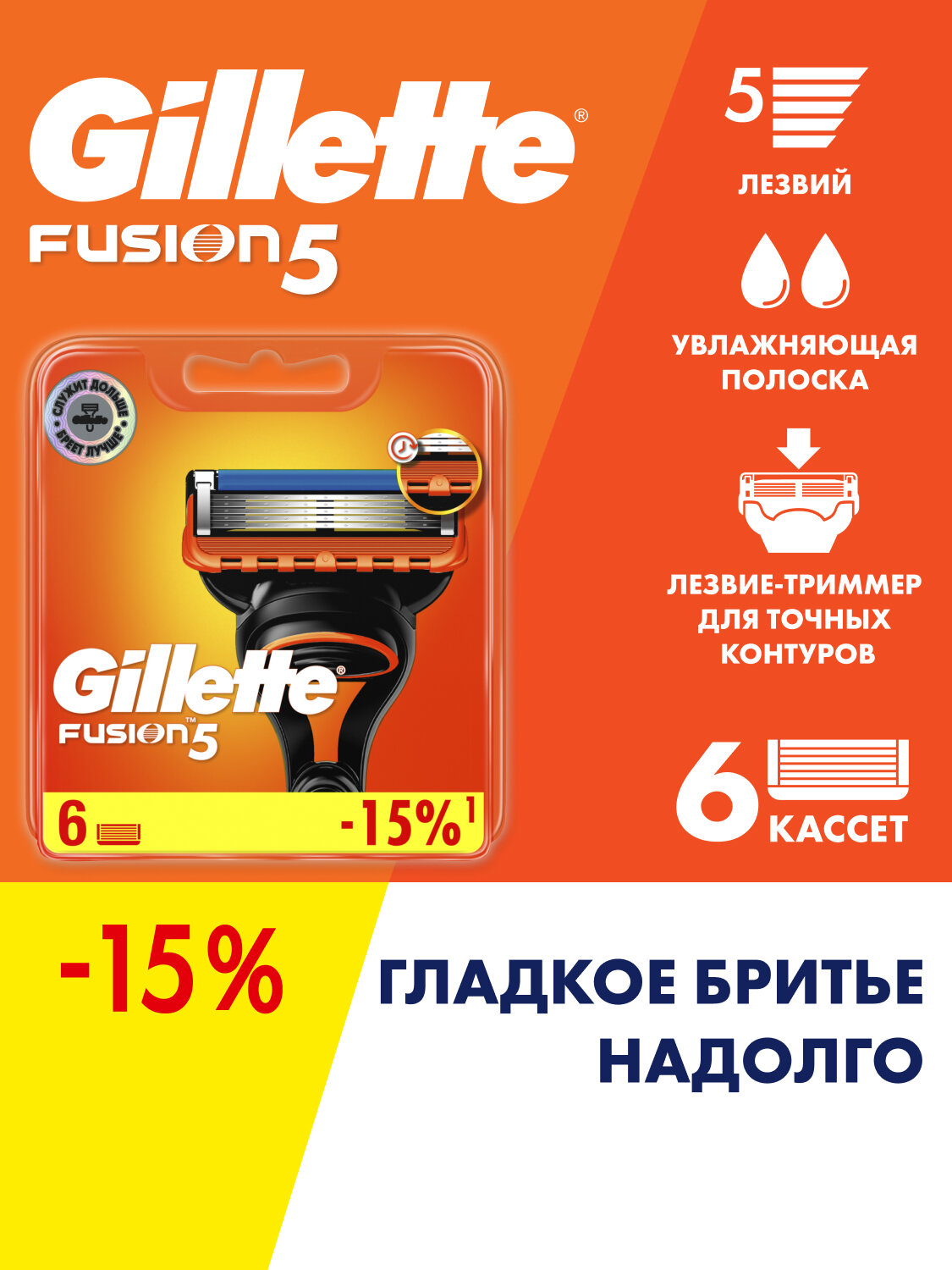 Сменные Кассеты Для Мужской Бритвы Gillette Fusion5, с 5 лезвиями, c точным триммером для труднодоступных мест, для гладкого бритья надолго, 6 шт