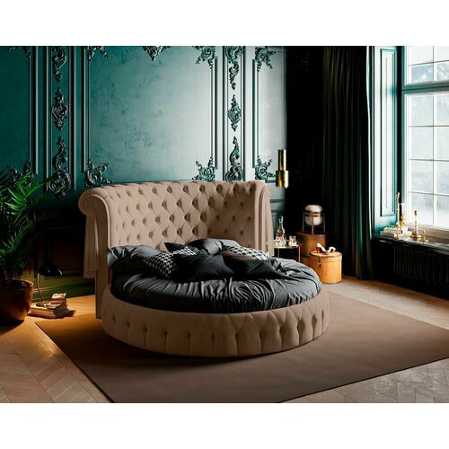 Двуспальная кровать 200, Ceppi, круглая, с мягким изголовьем, велюр, бежевый