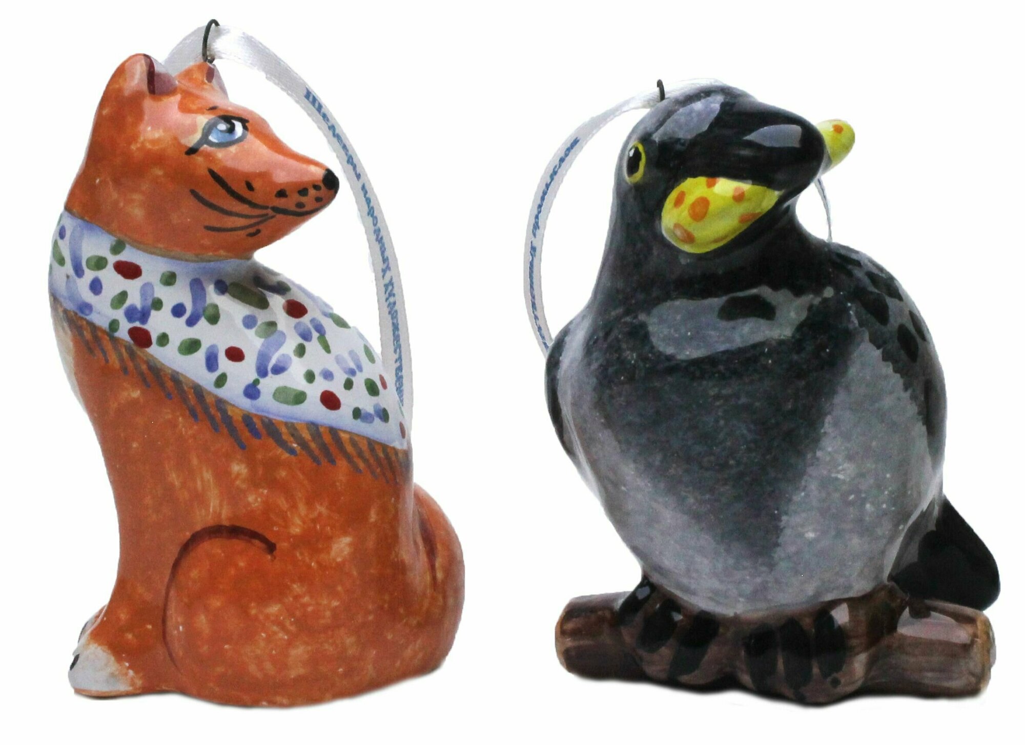 Ворона и лисица 2 штуки в картонной коробке Набор керамических елочных игрушек украшений цветная коллекция