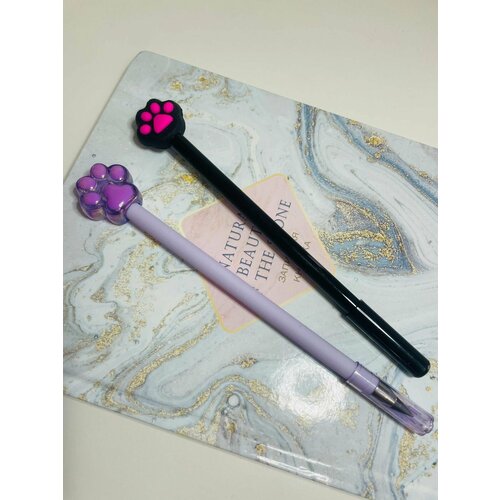 Набор карандаш простой вечный лапка котика фиолетовый и ручка гелевая синяя Кошачья лапка