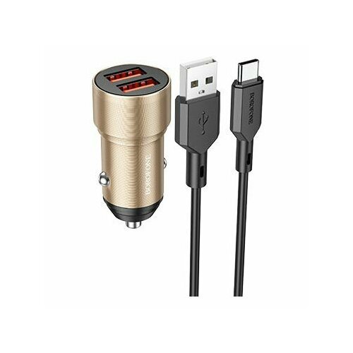 Автомобильное зарядное устройство (АЗУ) Borofone BZ19B QC 3.0 (USB) + кабель Type-C, 3 A, золото автомобильное зарядное устройство с usb borofone bz18 qc 3 0 18w черный