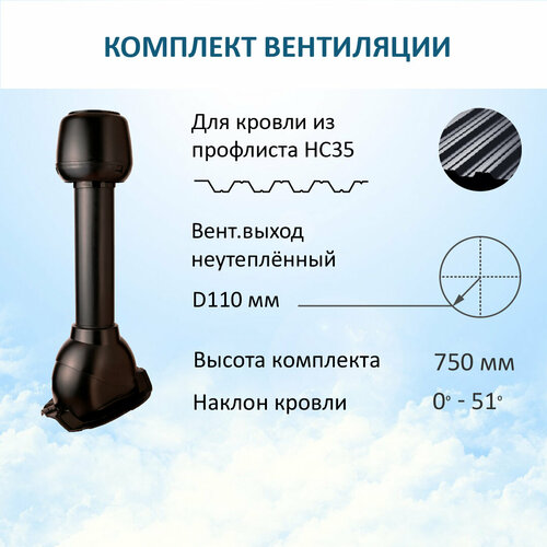 Комплект вентиляции: Колпак D110, вент. выход 110, для кровельного профнастила 35мм, черный комплект вентиляции колпак d110 вент выход 110 для кровельного профнастила 20мм серый