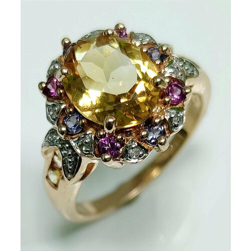 золотое кольцо с турмалином бриллиантами Кольцо Эстерелла, красное золото, 585 проба, родирование, бриллиант, турмалин, цитрин, иолит, размер 17