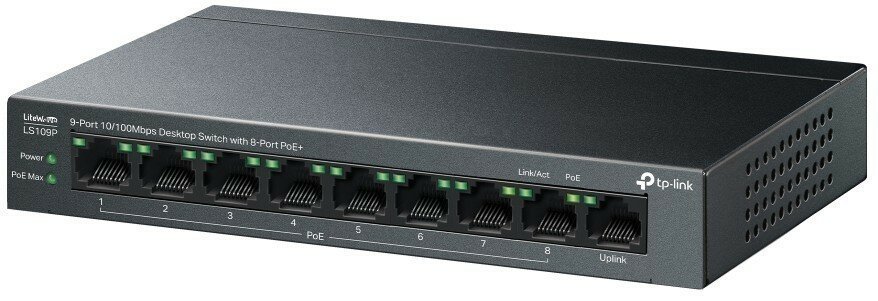 Настольный коммутатор TP-Link LS109P с 9 портами 10/100 Мбит/с (8 портов PoE+)