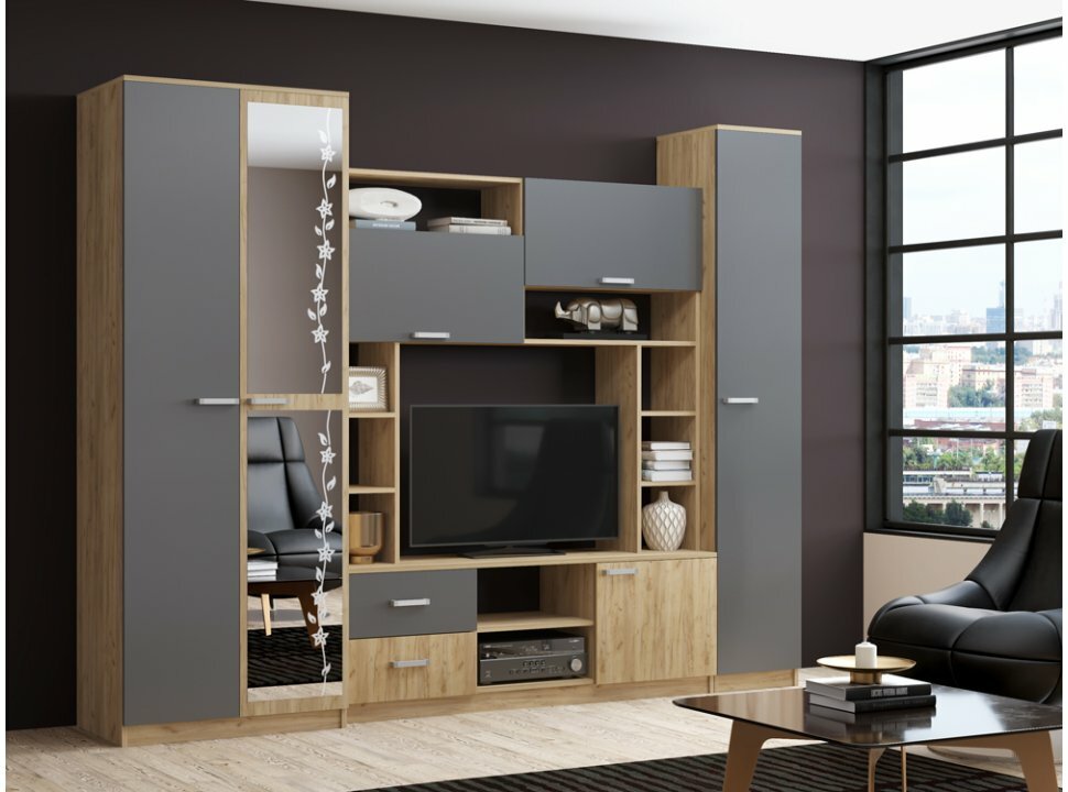 фото Гостиная "Флора-4" (Марта-11) - Графит / Дуб крафт золотой