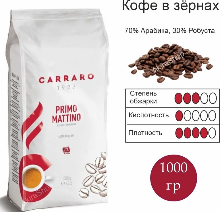 Кофе в зернах, Carraro Primo Mattino, 1000 гр. Италия