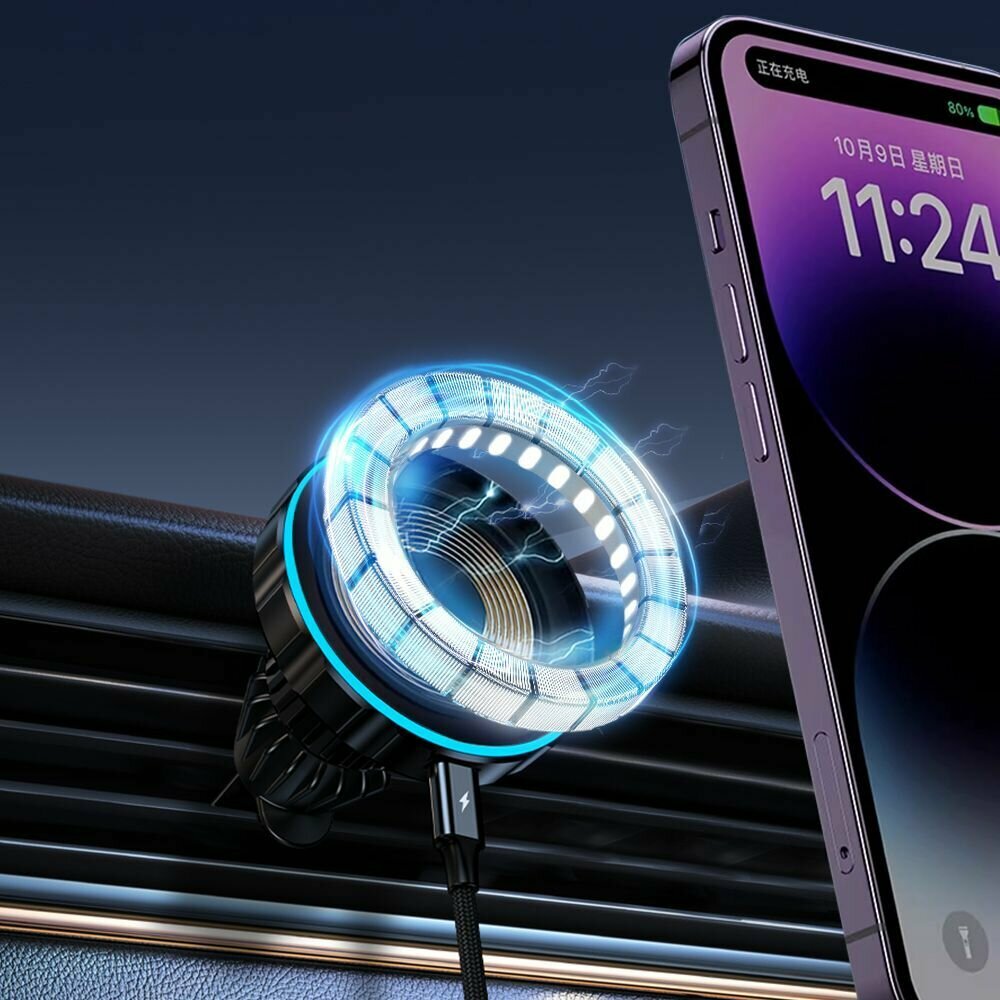 Автомобильный держатель с беспроводной зарядкой Magnetic Fast Charging Car Mount with MagSafe and Auto Cooling черный — фото 1