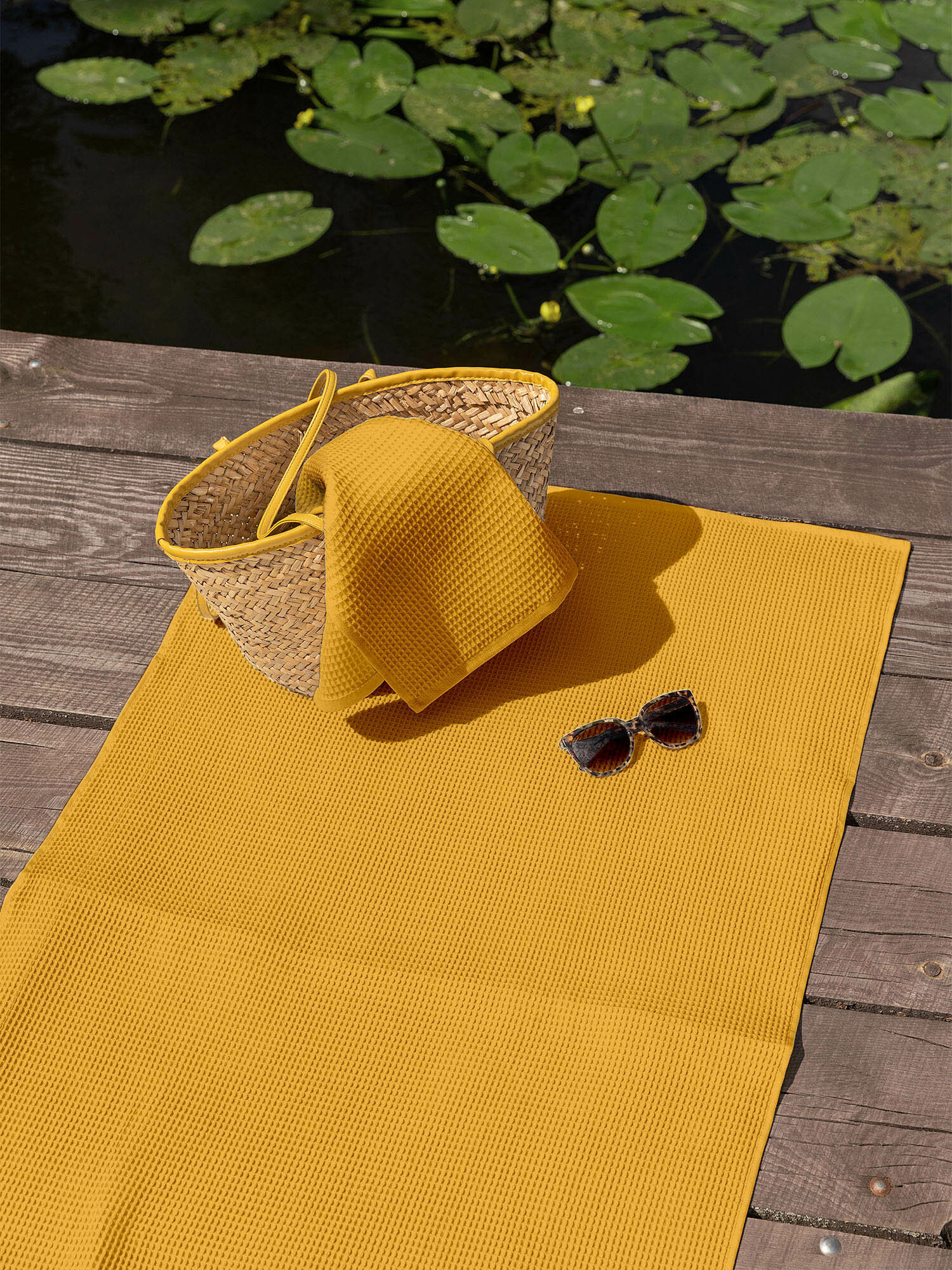 Полотенце вафельное пляжное 90х150 "Унисон" рис 30004-16 Basic желтый - фотография № 11