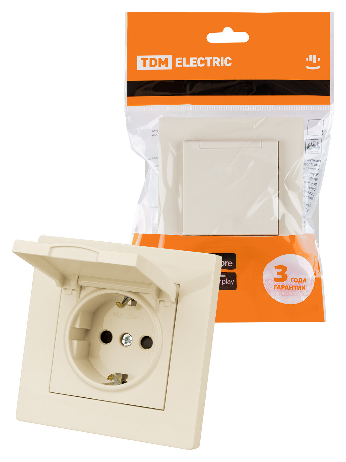 фото Розетка 2П+З 16А 250В IP44 с защ. шт. с крышкой сл. кость "Сенеж" TDM