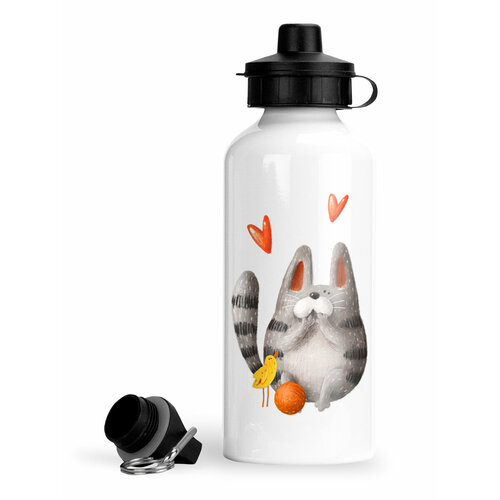 фото Спортивная бутылка для воды пластилин серый кот с птичкой luzimuzi