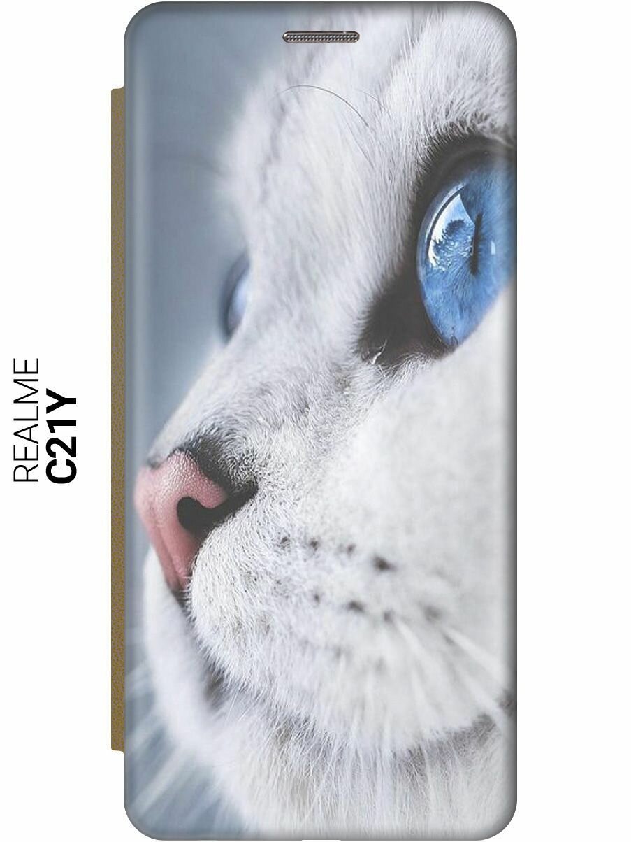 Чехол-книжка на Realme C21Y Рилми С21у с 3D принтом "Сова и васильки" золотой