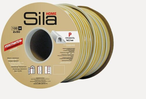 Изображение товара Уплотнитель для окон и дверей SILA P-профиль, 9х5,5мм, 100 метров (2х50м), белый, самоклеящийся, (S) 39CX