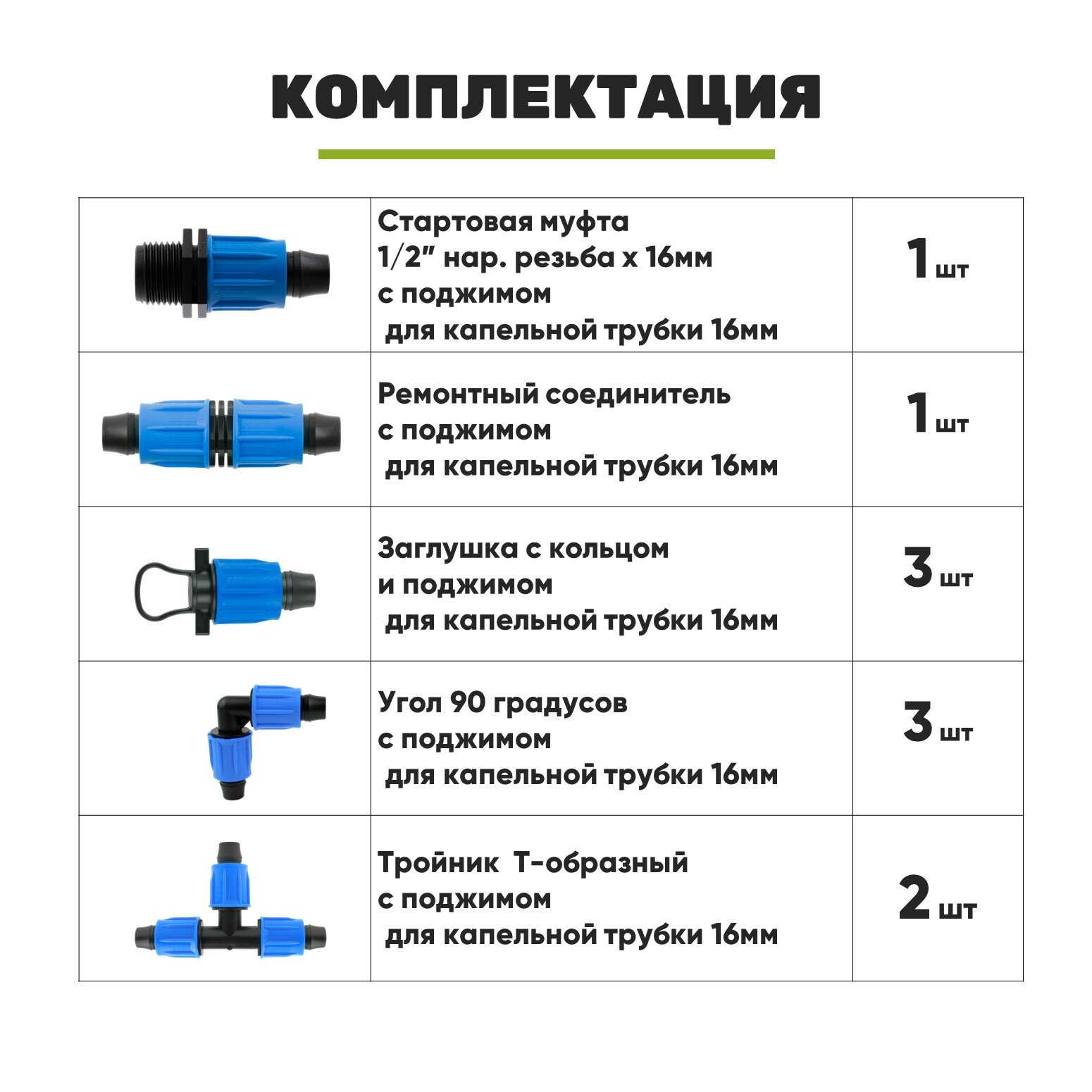 Комплект фитингов с поджимом для трубки 16мм. Набор включает в себя 10 предметов для систем капельного орошения. - фотография № 2