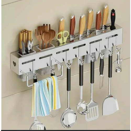 Полка-органайзер настенная для кухни 50 см, подвесной держатель на стену для кухонных принадлежностей с крючками. Серебристий