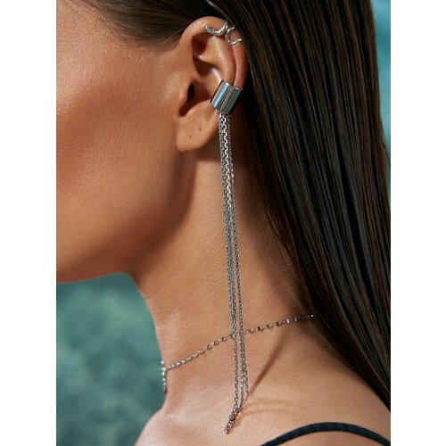 Моносерьга MIESTILO серьга кафф на ухо без прокола с цепочкой, серебро, 925 проба, родирование, серебристый