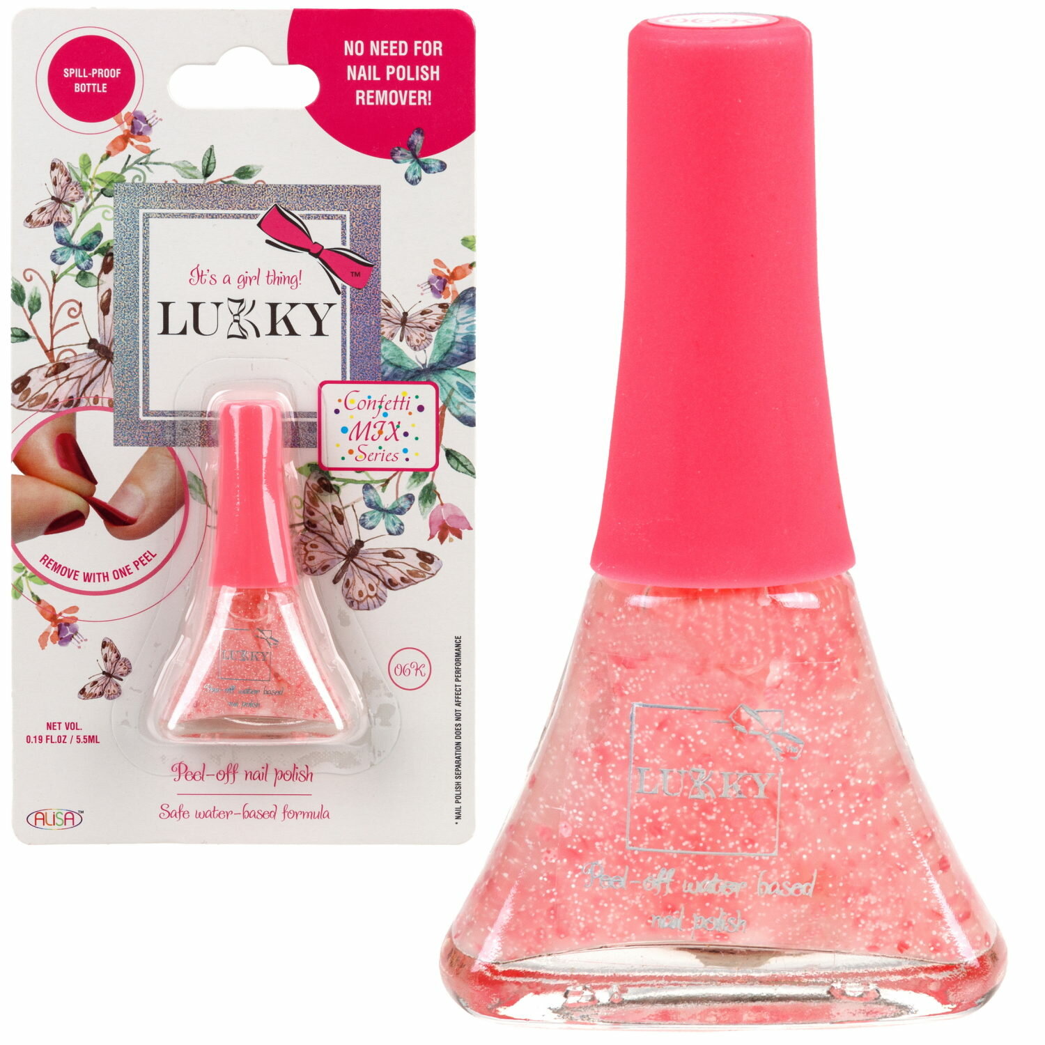 фото Детский лак для ногтей на водной основе с блестками Lukky, Конфетти-Микс, безопасный, бело-розовый мик с цветочками, блистер, 5,5 мл