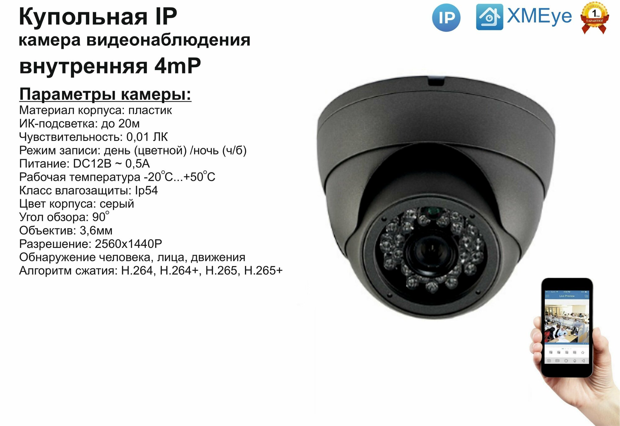 DVS300IP4MP. Внутренняя IP камера 4мП с ИК до 20м.
