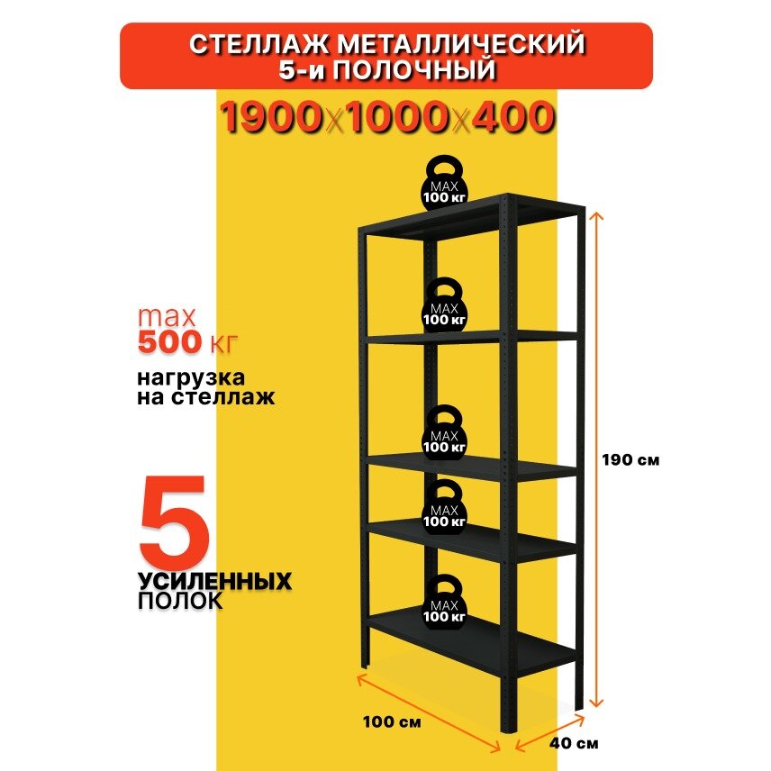 Стеллаж металлический черный напольный 4 полки