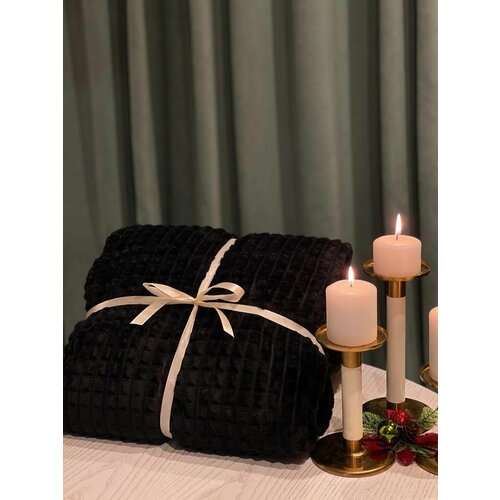 Плед черный плюшевый в кубик евро 200х220 см