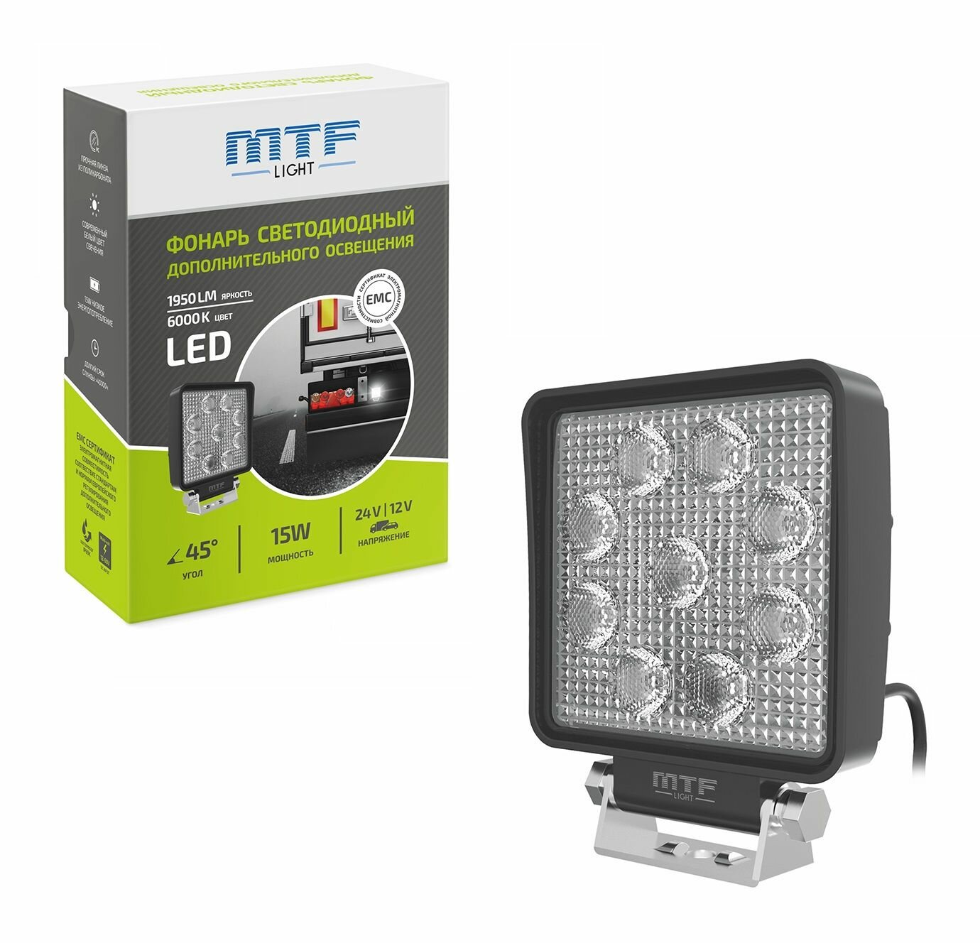 Фара светодиодная MTF light 15W квадратная