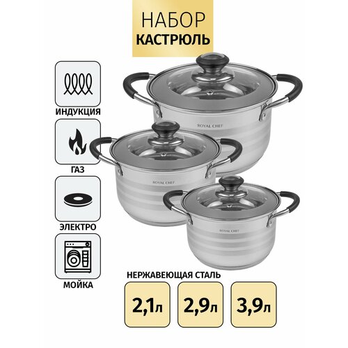 Набор кастрюль Royal Chef из нержавеющей стали. 2,1 л/2,9 л/3,9 л