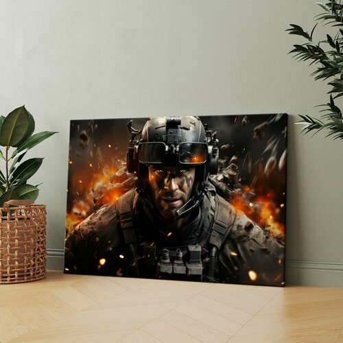 Картина на холсте (Солдат в каске и форме на фоне огня) 40x60 см. Интерьерная, на стену.
