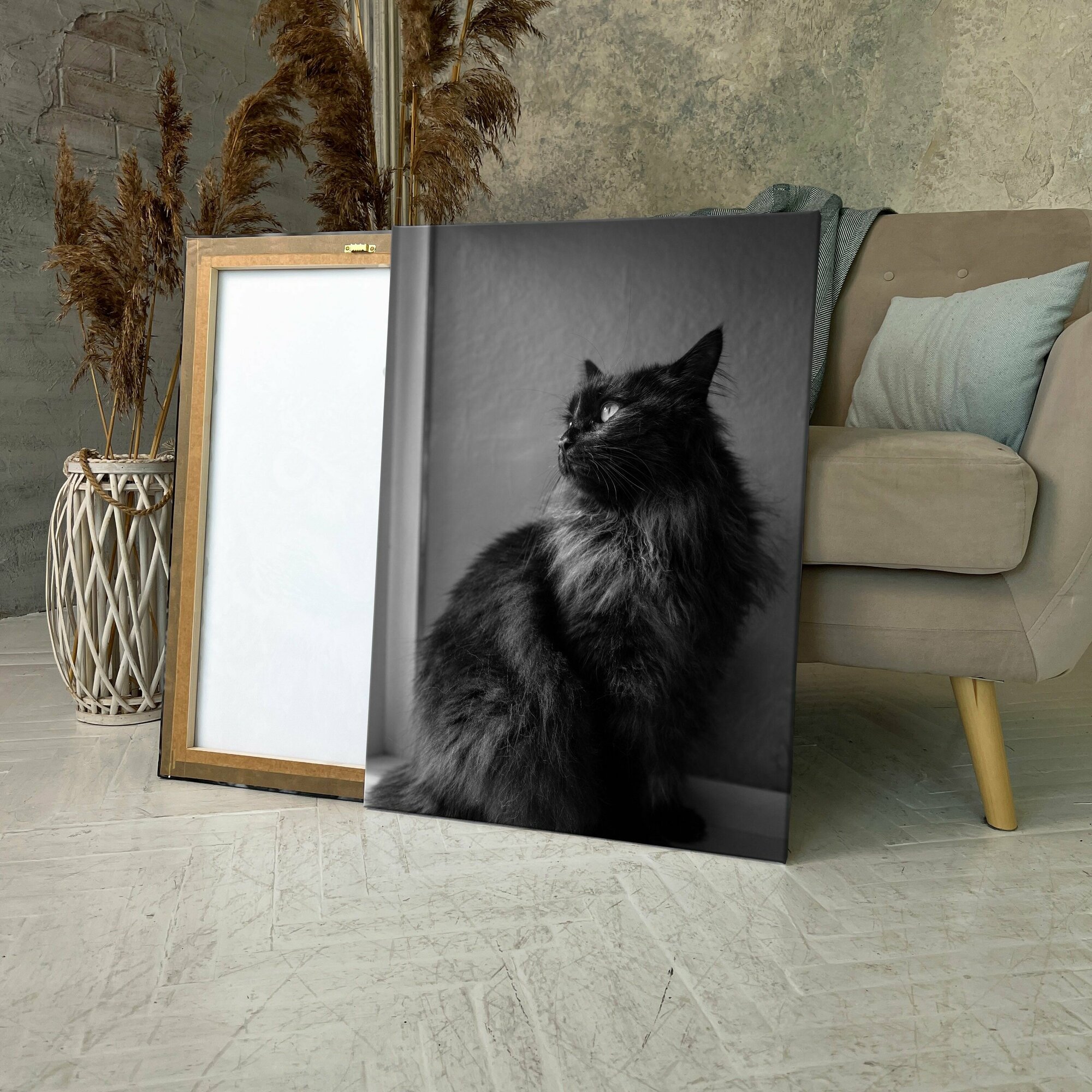 Картина на холсте (черный кот пушистая кошка сибирский) 20x30 см/для интерьера/в комнату/на стену/в подарок