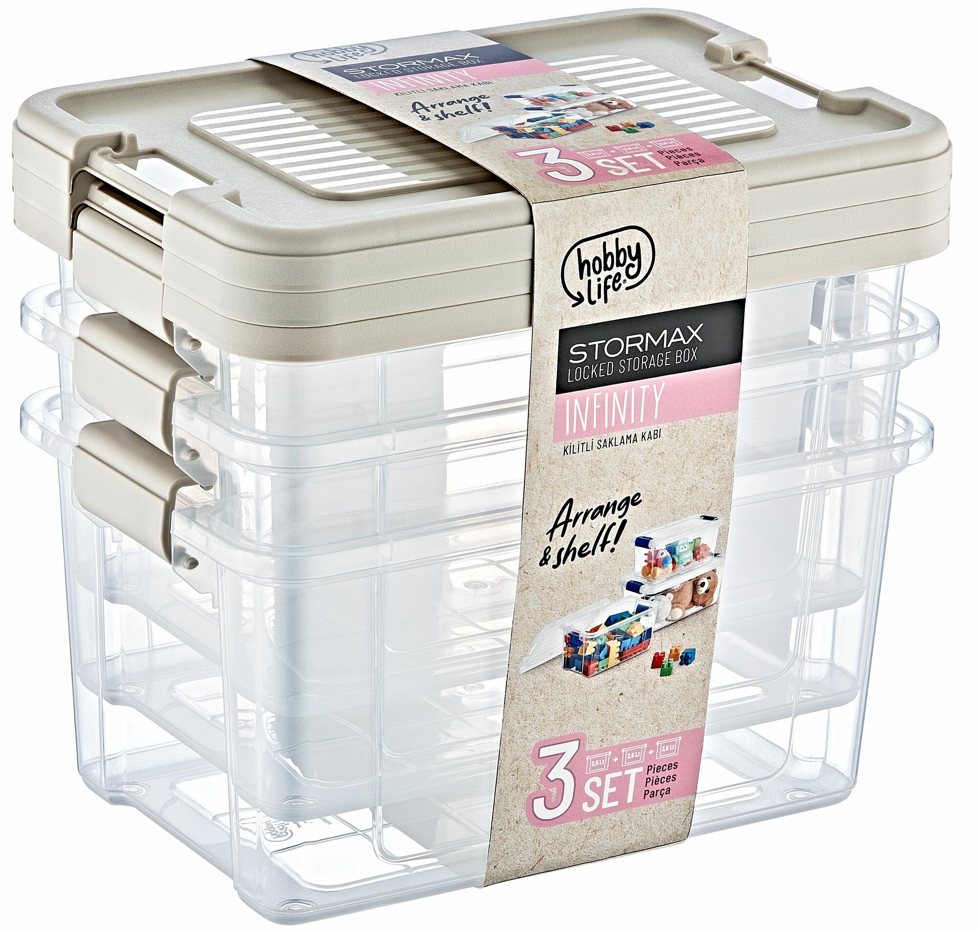 фото Набор корзин - контейнеров 3 шт, StorMax Infinity HobbyLife 0,8 л, для хранения вещей, с крышкой и зажимами