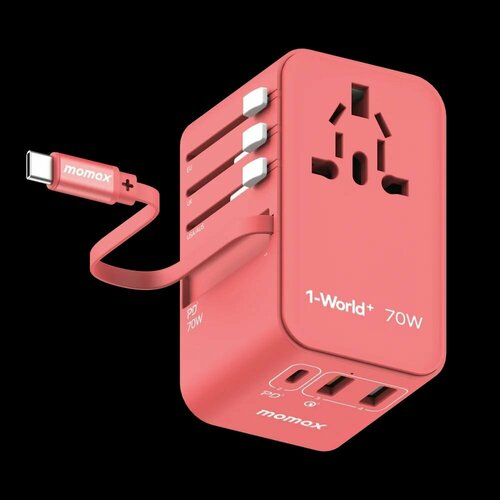 Универсальное сетевое зарядное устройство Momax 1-World+ 70W GaN Tech 3-Port+AC Travel Adapter with Retractable UCB-C Cable 65cm - Red красный