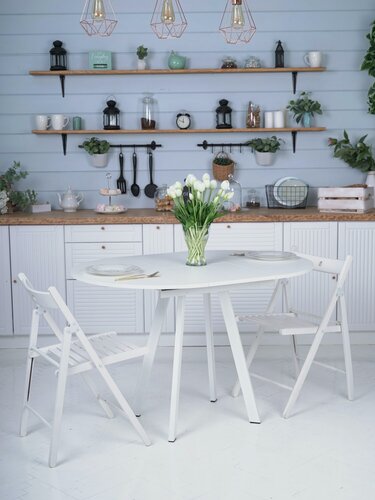 Изображение товара Стол Элип профиль кухонный обеденный круглый раздвижной, белый шагрень, 85х85/120х75 см.