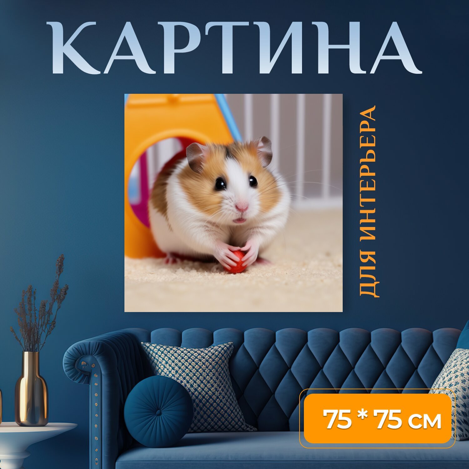 Картина на холсте для любителей животных "Домашние питомцы, хомяк, играет" на подрамнике 75х75 см. для интерьера