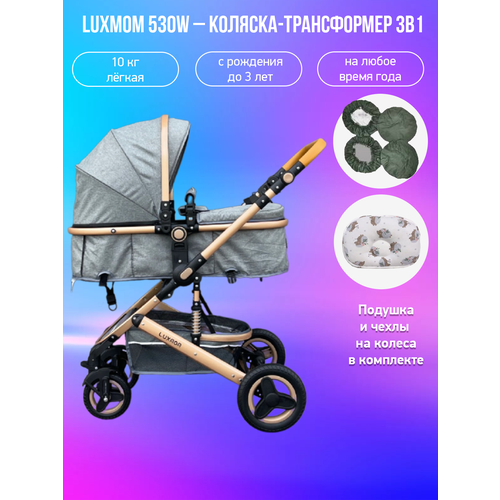 коляска для новорожденных 3 в 1 luxmom 600g с автолюлькой синяя Детская коляска-трансформер 3 в 1 Luxmom 530W, т. серый с подушкой и чехлами