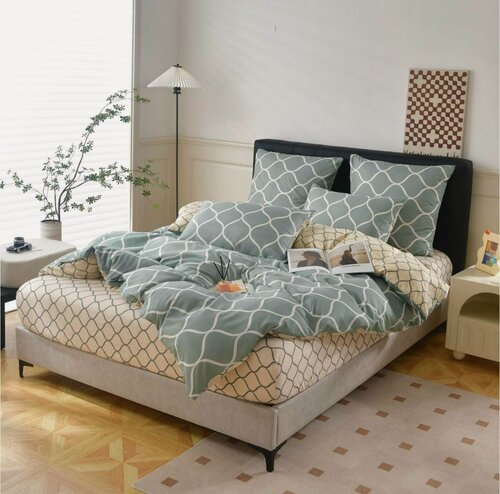 Изображение товара Комплект Постельного Белья Евро Сатин - Зеленые ромбы / простыня - 180x200+25 см на резинке по кругу