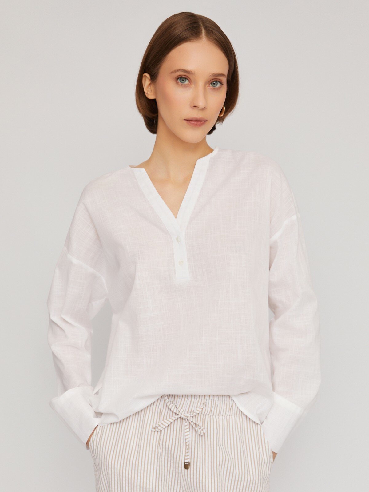 фото Блузка из хлопка с длинным рукавом, цвет Белый, размер XS 02424117Y193