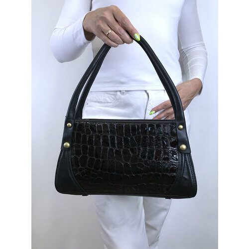 Сумка тоут Wanlima, фактура лаковая, под рептилию, гладкая, черный