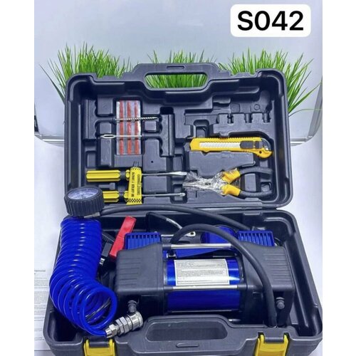 Компрессор двухпоршневой, до 75 л/мин, 12В, металлический корпус, пластиковый кейс с инструментами