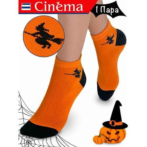 фото Носки cinema оранжевый с принтом ведьма хэллоуин из хлопка, размер 25, размер 25, оранжевый, черный