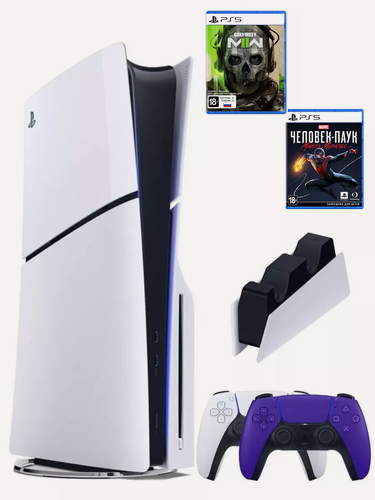 Изображение товара PS5 (ПС5) Игровая приставка Sony PlayStation 5 Slim disk+ 2-й геймпад(фиолетовый) + зарядное + 2 игры Call of Duty + Человек паук: Майлз Моралес, 1000Gb