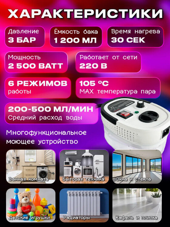 Пароочиститель для уборки дома, автомобиля и одежды, 2500 Вт — фото 1