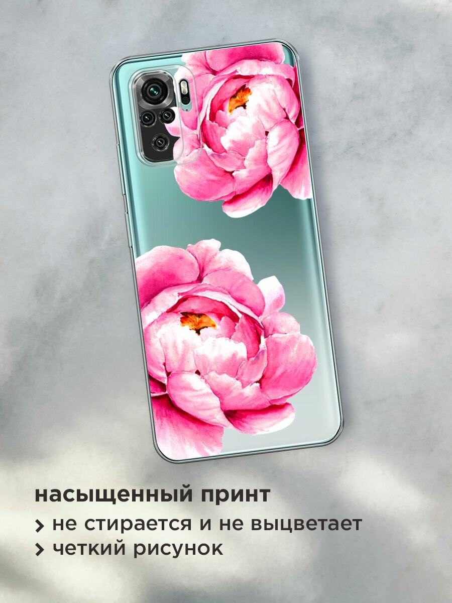 Чехол на Xiaomi Redmi Note 10/Note 10S/Poco M5s / Сяоми Редми Нот 10/Нот 10S с принтом "Open peonies", прозрачный — фото 1