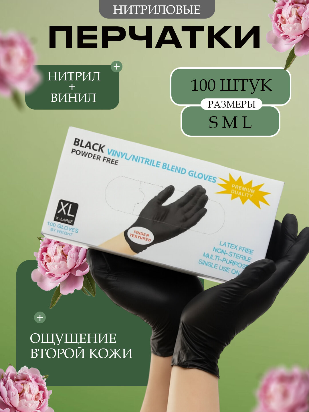 Хозяйственные нитриловые перчатки черные — прочные одноразовые, 100 шт