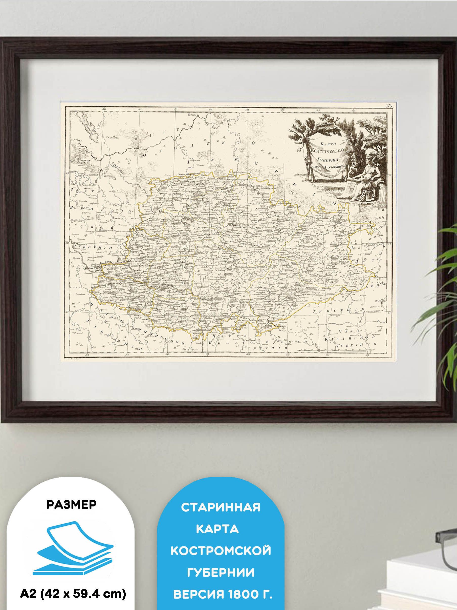Старинная карта Костромской губернии 1880 год - без рамы, размер А2