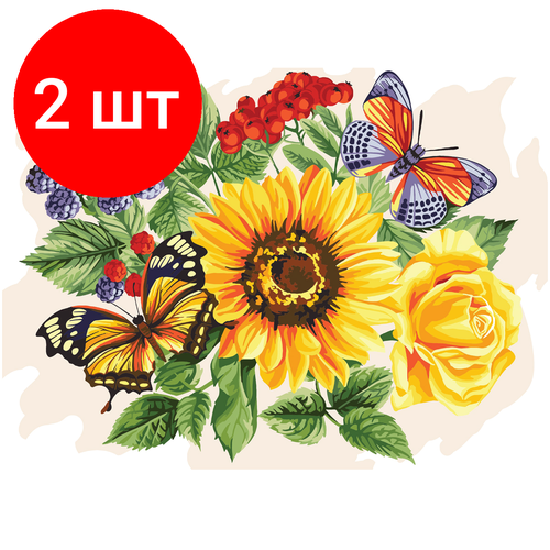 Комплект 2 шт, Картина по номерам на холсте ТРИ совы Подсолнухи и бабочки, 30*40, с акриловыми красками и кистями